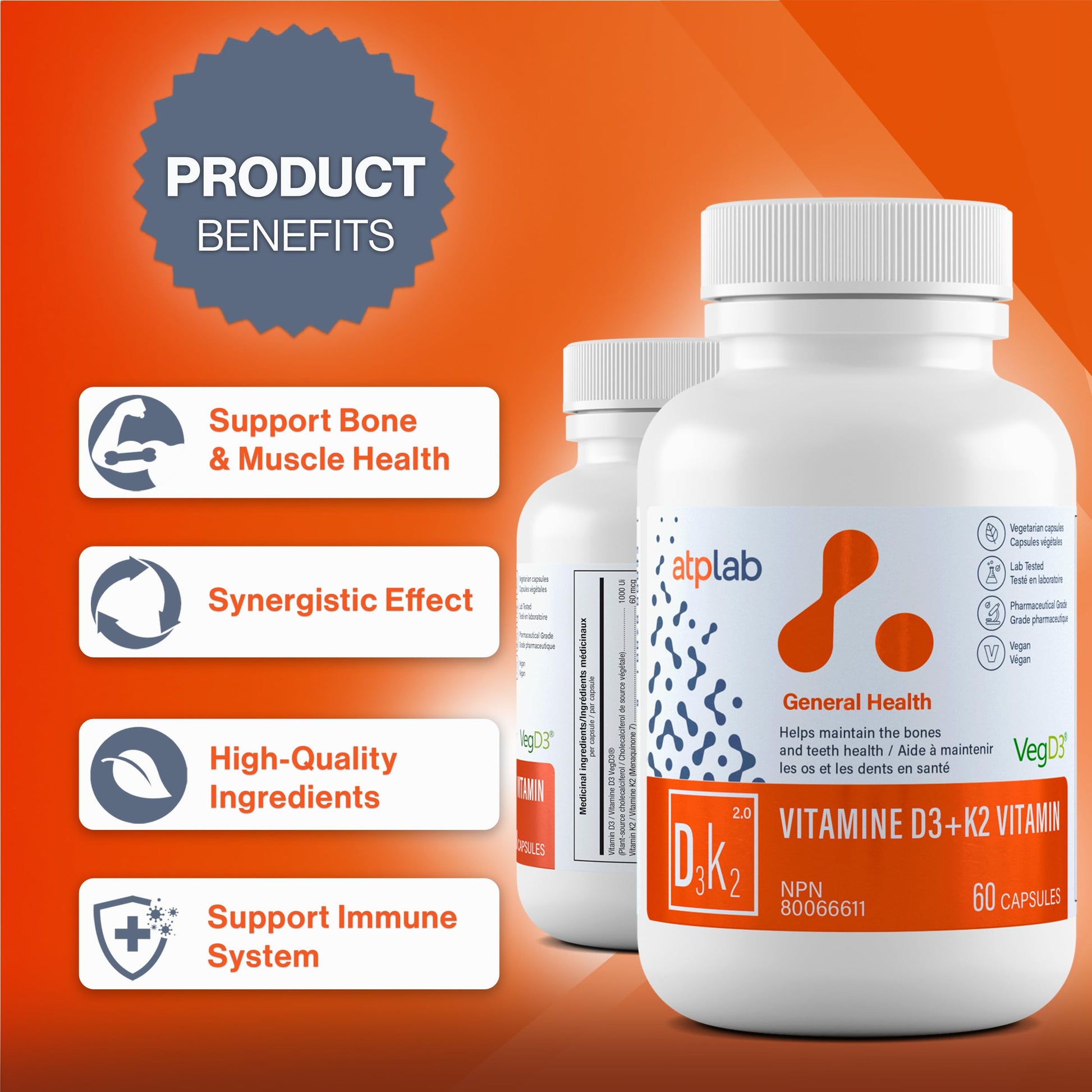 Cápsulas de vitamina d3 y vitamina k2 mk-7 ATP LAB