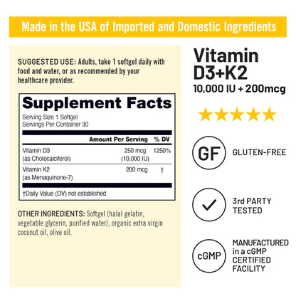 Cápsulas amarillas de vitamina D3 y K2 NatureWise para salud ósea