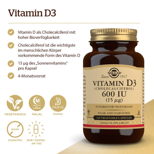 Cápsulas vegetales de vitamina D3 Solgar para huesos y dientes