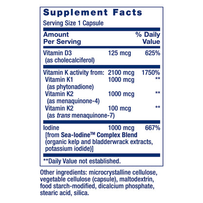 Capsulas vitaminas D3 K1 K2 y yodo apoyo metabolismo