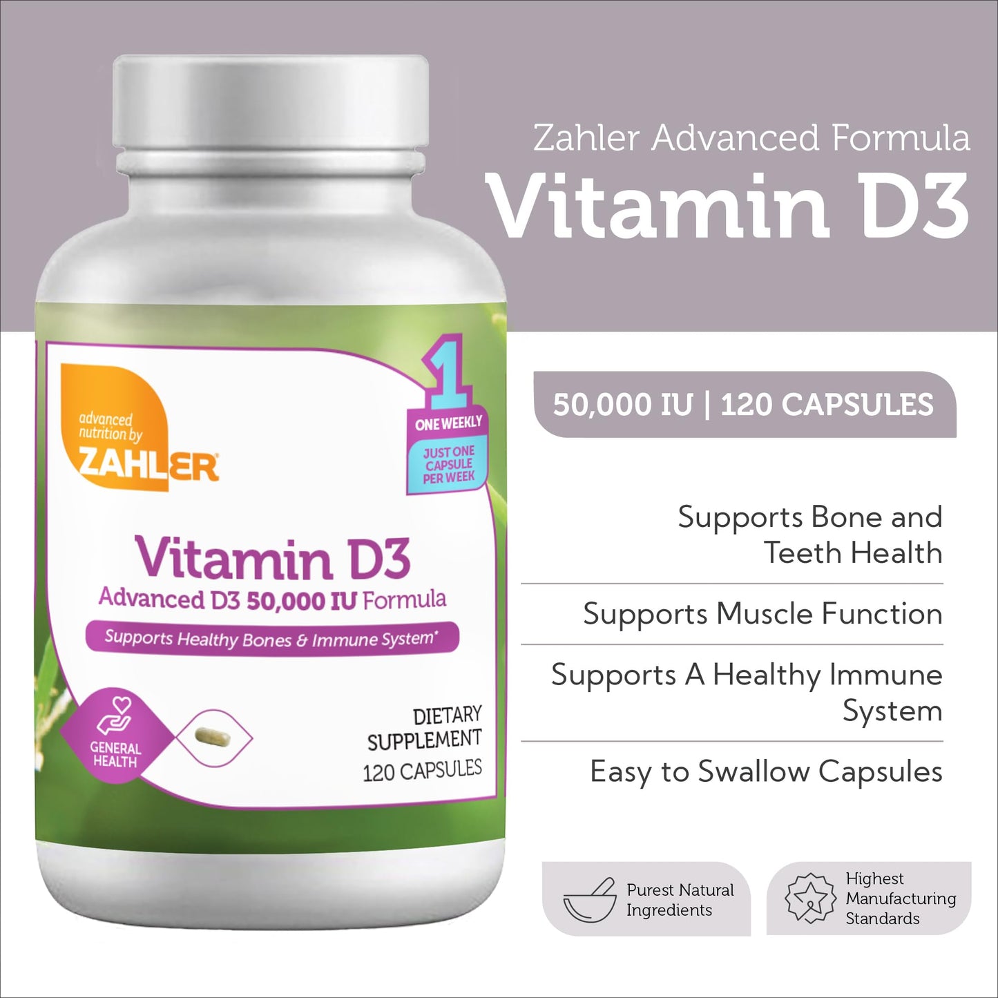Cápsulas Zahler Vitamina D3 semanal 50000 UI
