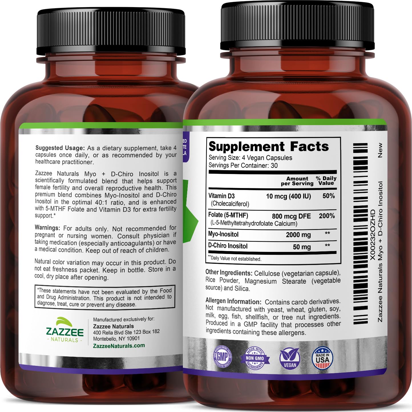 Cápsulas Zazzee Myo-Inositol con Vitamina D3 y Folato natural