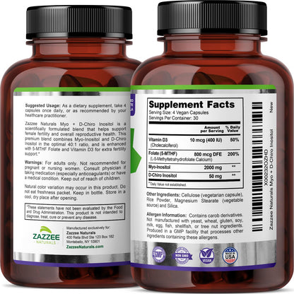 Cápsulas Zazzee Myo-Inositol con Vitamina D3 y Folato natural