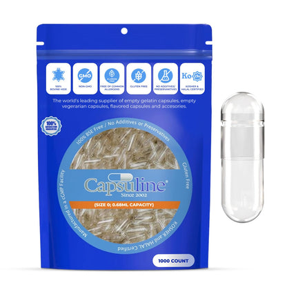 Cápsulas de gelatina vacías transparentes Capsuline tamaño 0, paquete de 1000.