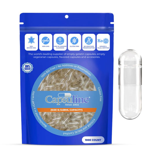 Cápsulas de gelatina vacías transparentes Capsuline tamaño 0, paquete de 1000.