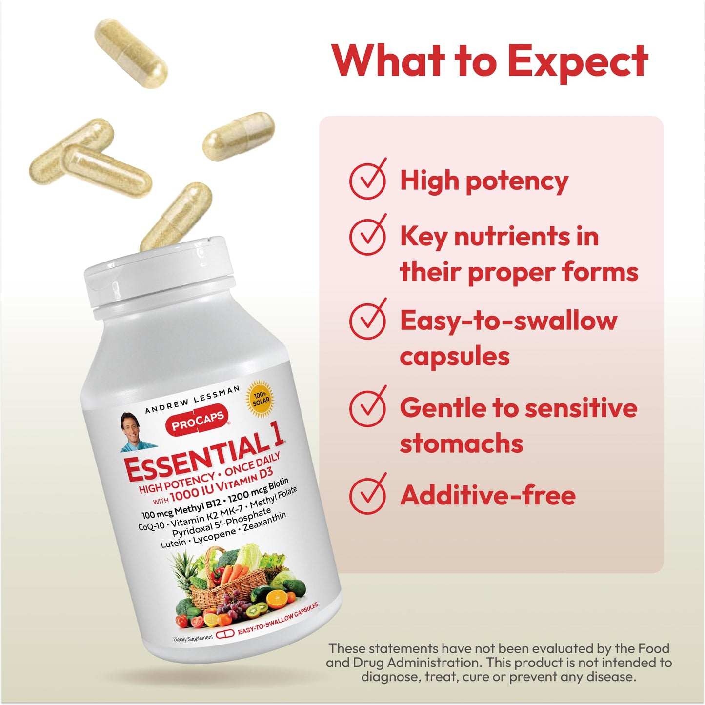 Características y beneficios del multivitamínico Essential-1 Andrew Lessman
