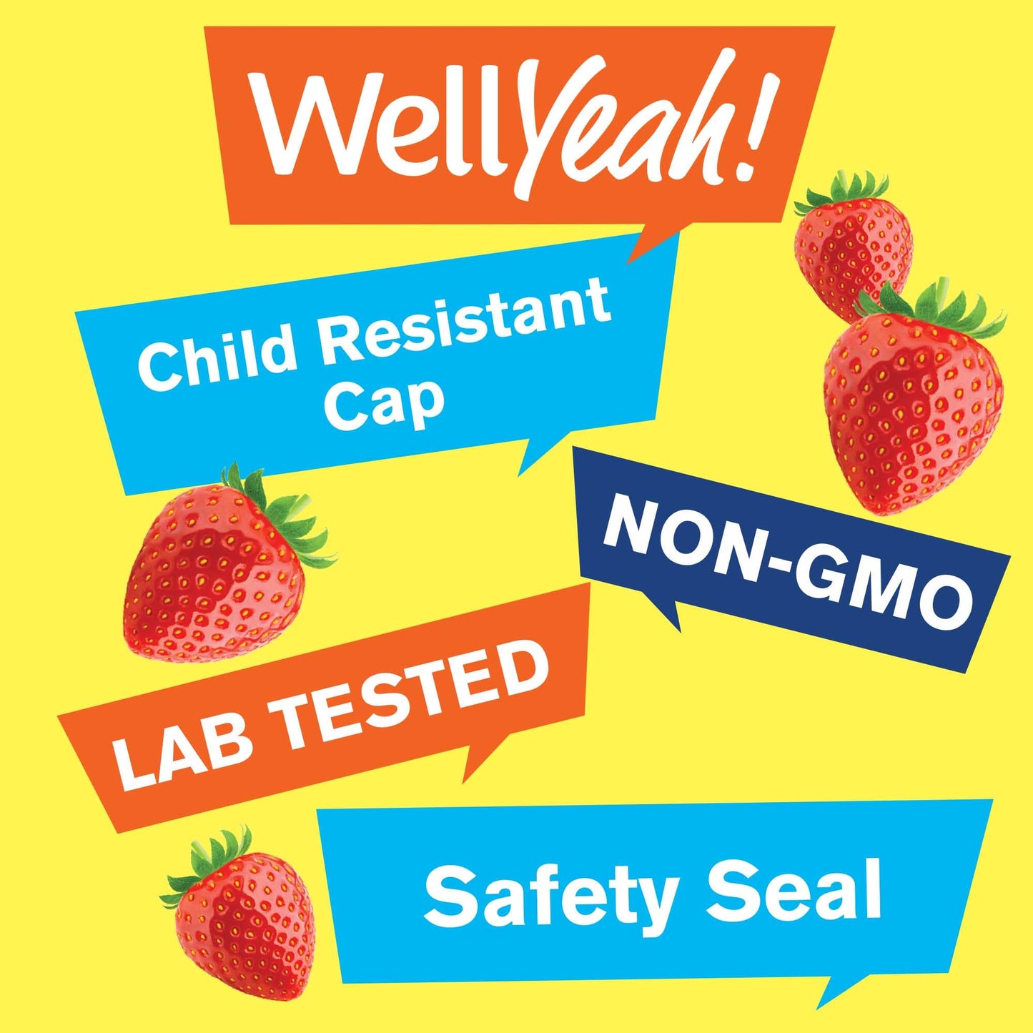 Características de las gomitas multivitamínicas: tapas de seguridad, sin GMO