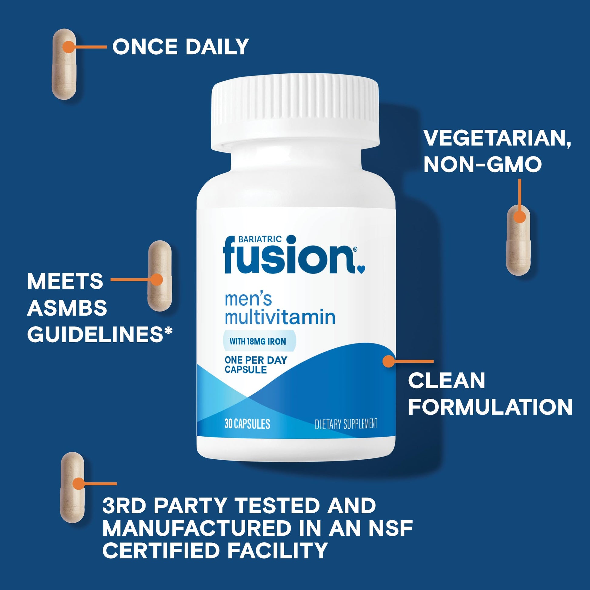 Características del multivitamínico Bariatric Fusion: una cápsula diaria.