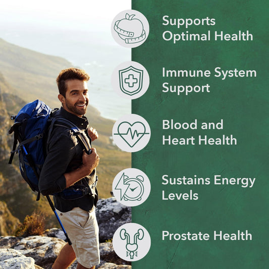 Características del multivitamínico para hombres mostrando soporte de salud.