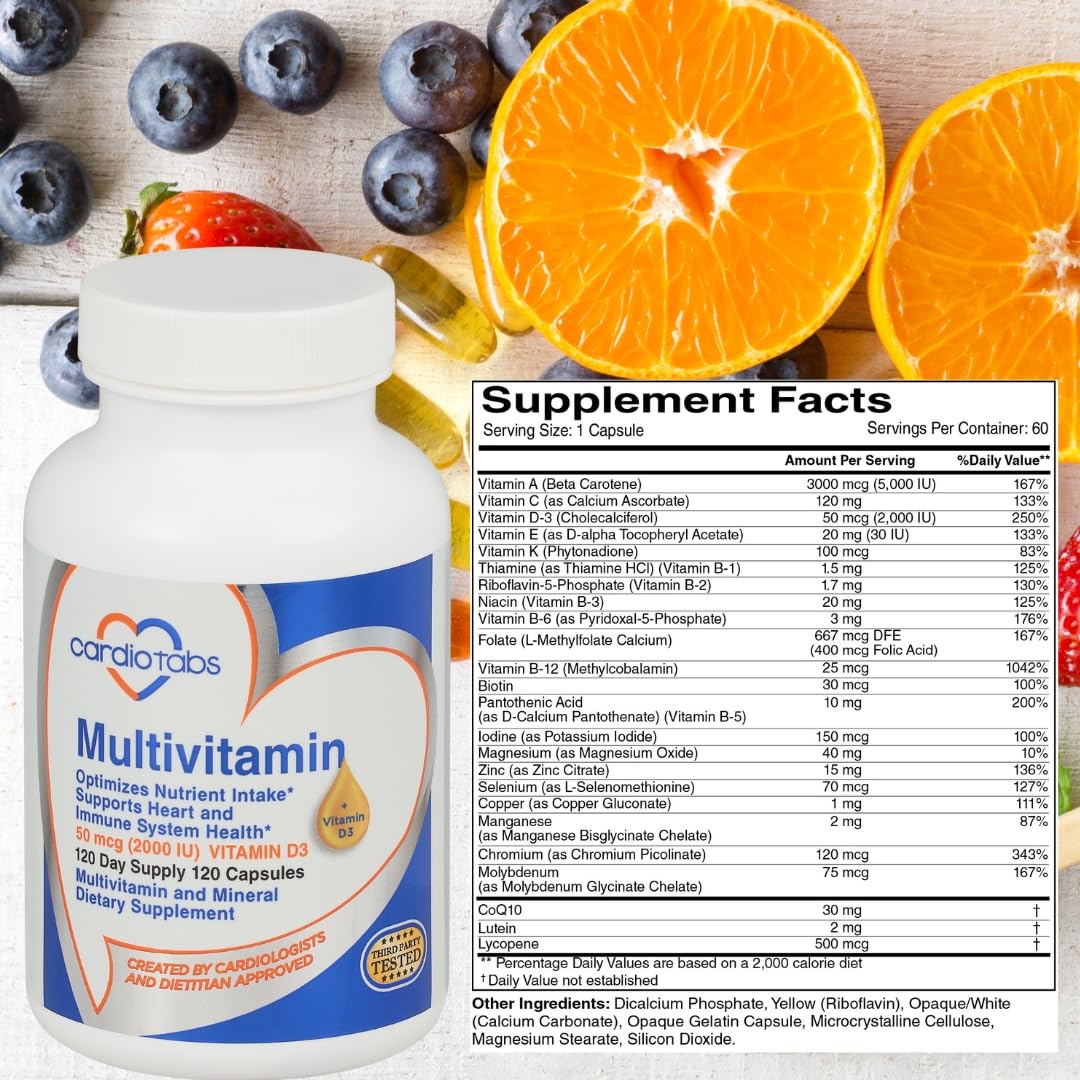 Cardiotabs, multivitamínico con minerales esenciales, dosis diaria recomendada.