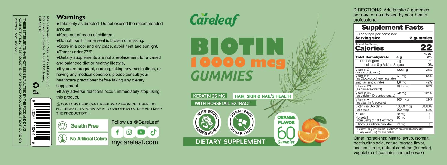 Gomitas de biotina careleaf sabor naranja para crecimiento de cabello