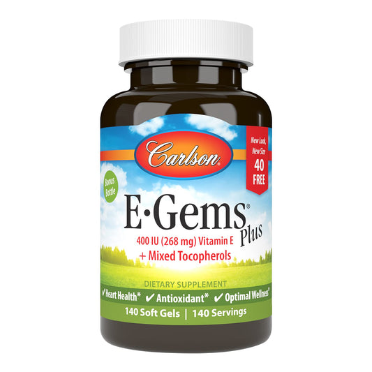 Botella de Carlson E-Gems Plus vitamina E 400 UI 140 cápsulas blandas