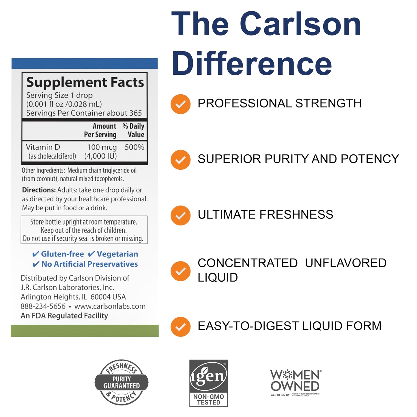 Carlson vitamina D3 suplemento liquido 4000 IU fácil dosificación sin sabor