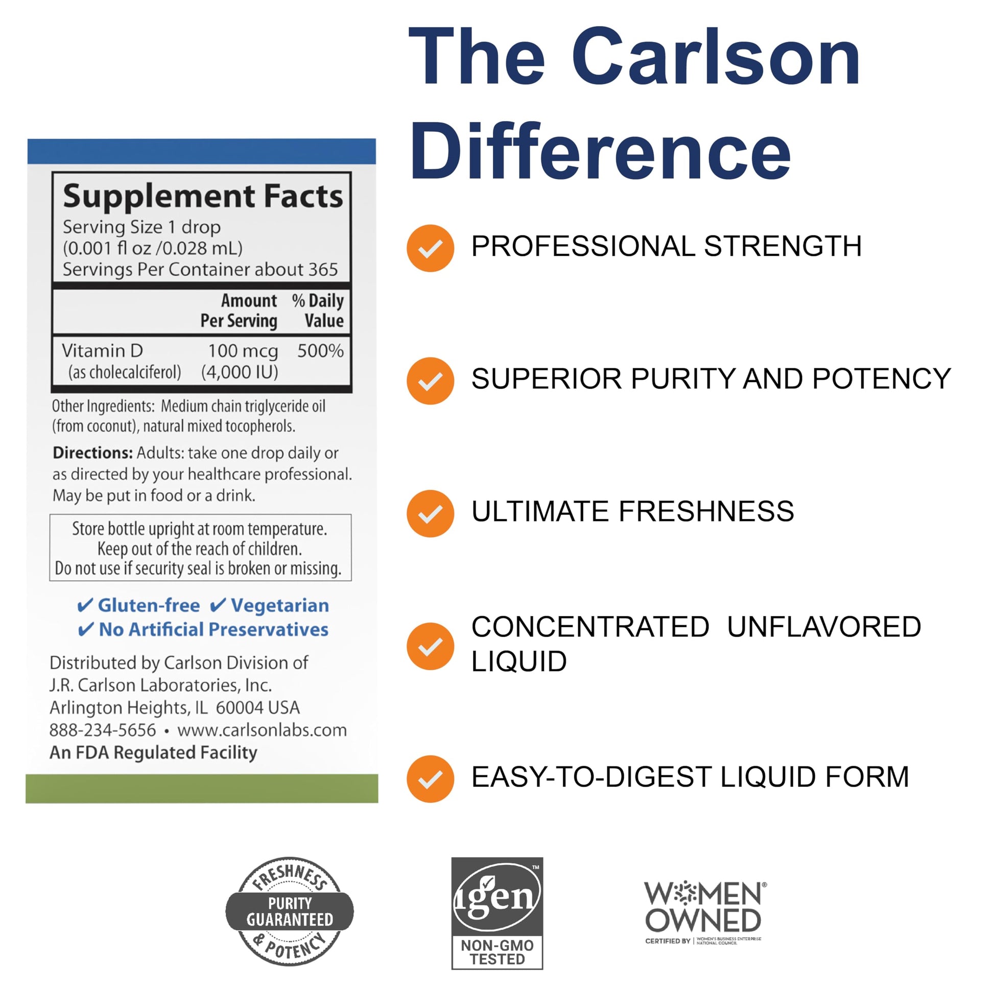 Carlson vitamina D3 suplemento liquido 4000 IU fácil dosificación sin sabor