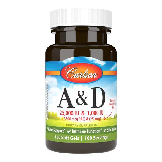 Carlson vitaminas a y d cápsulas blandas para salud ósea y visual 100 unidades