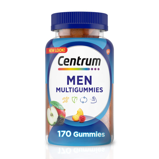 Botella de Centrum MultiGummies para hombres, multivitaminas y minerales en goma.