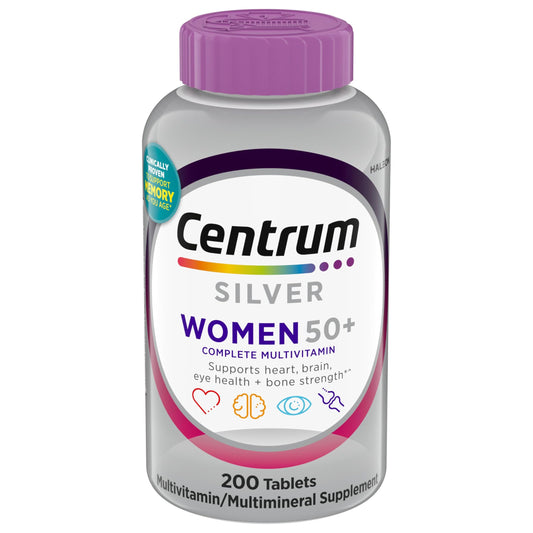 Botella de Centrum Silver Multivitamínico para Mujeres 50+ con tapa morada.