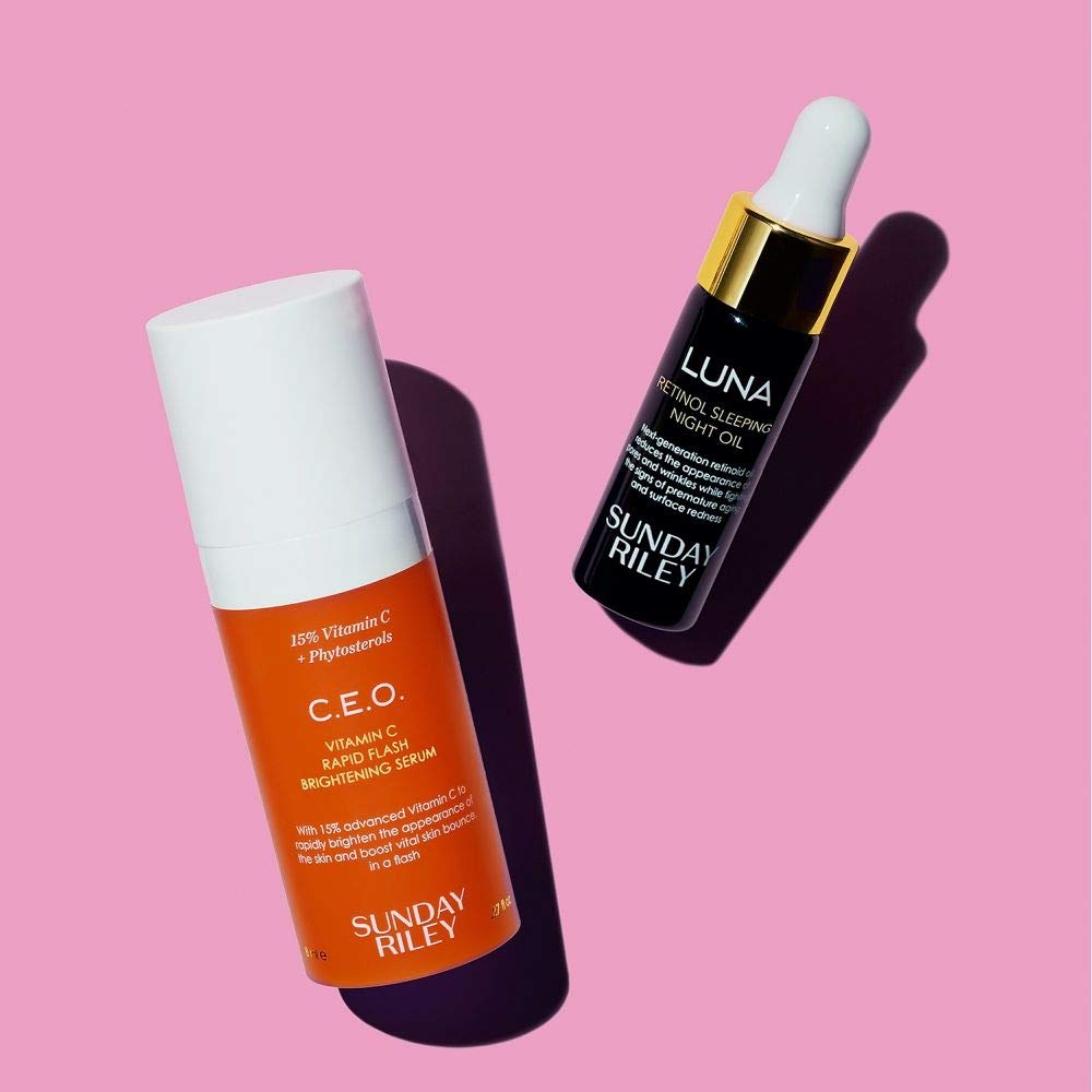 C.E.O. Serum y Luna Night Oil en fondo rosado