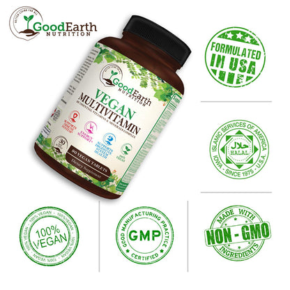 Símbolos de certificaciones de calidad del multivitamínico vegano