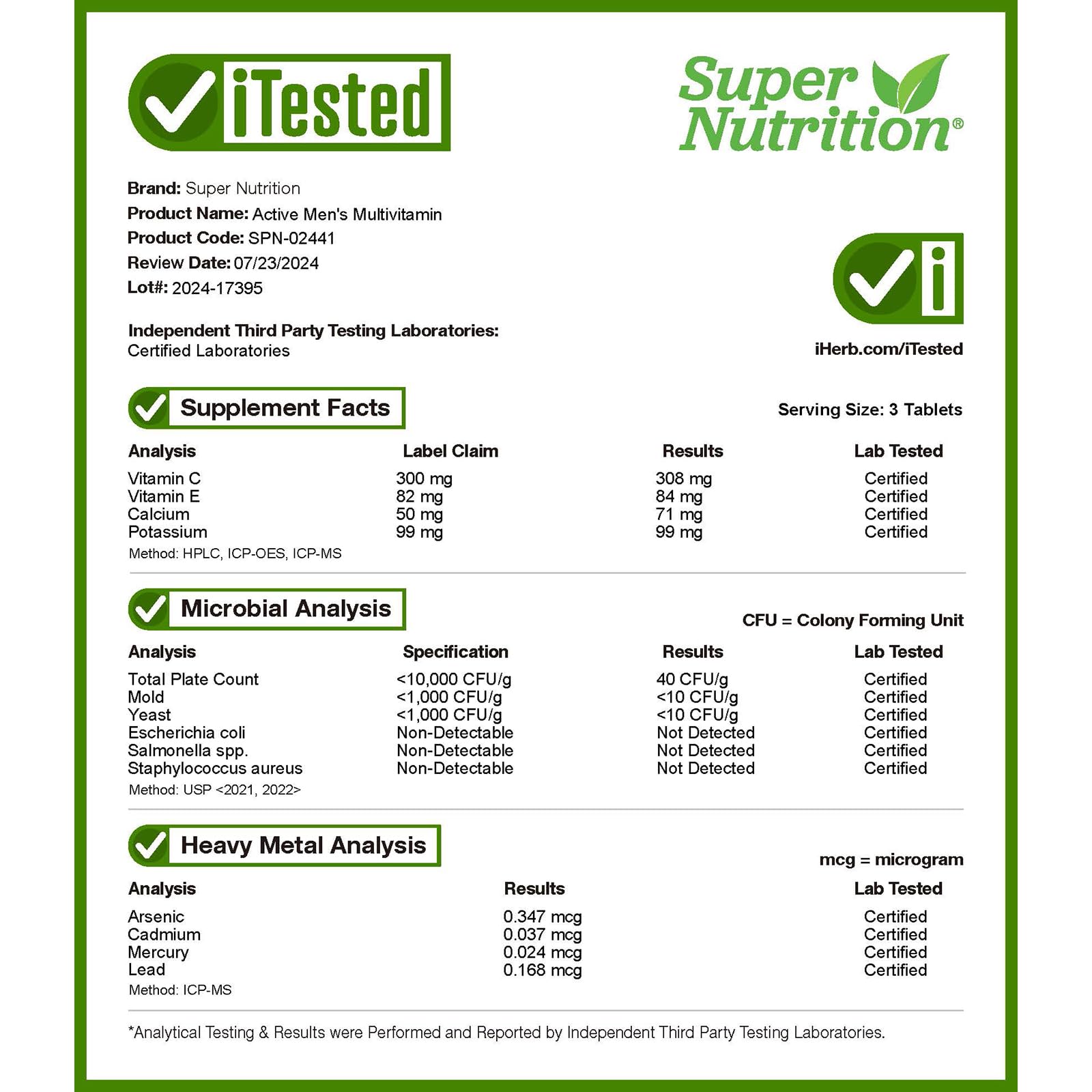 Certificado iTested del producto multivitamínico Super Nutrition