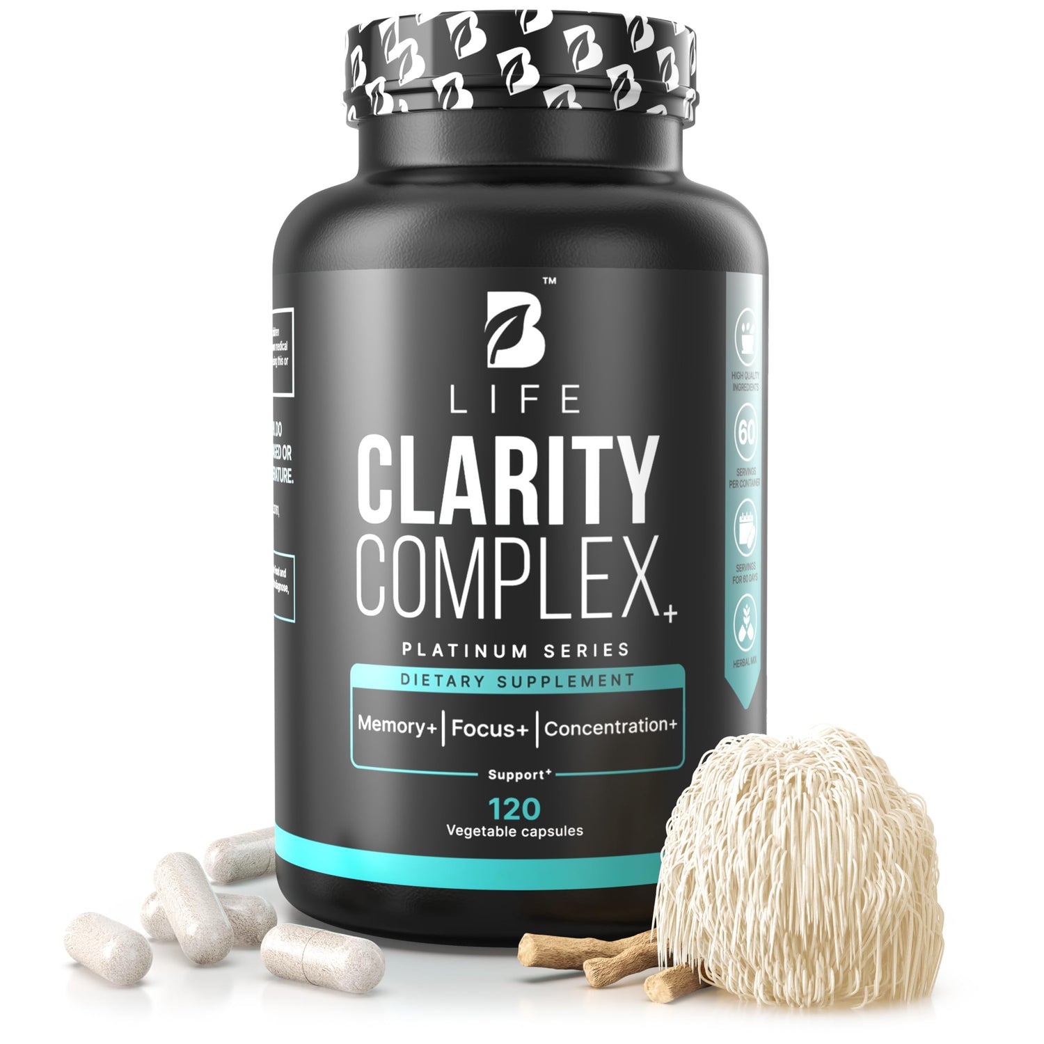Botella Clarity Complex con cápsulas de melena de león y ashwagandha
