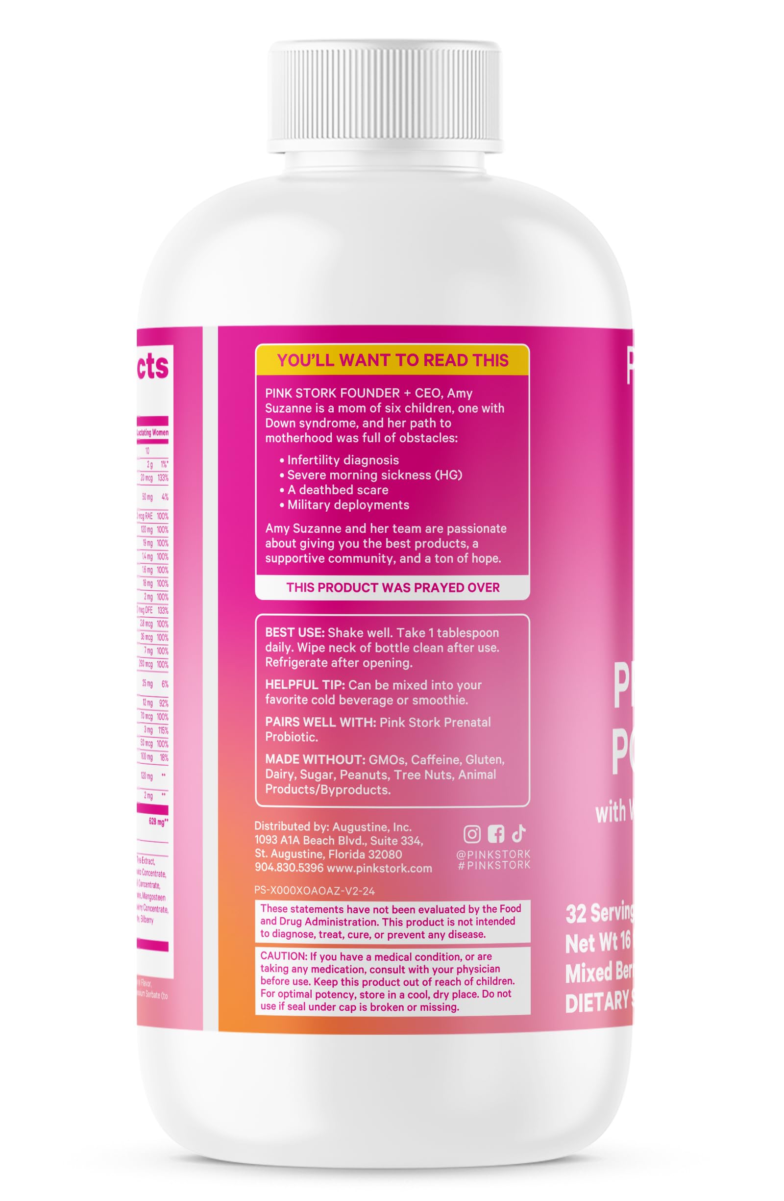 Closeup vitaminas líquidas Pink Stork en frasco turquesa