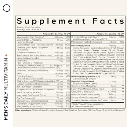 Información nutricional de multivitaminas para hombres Codeage.