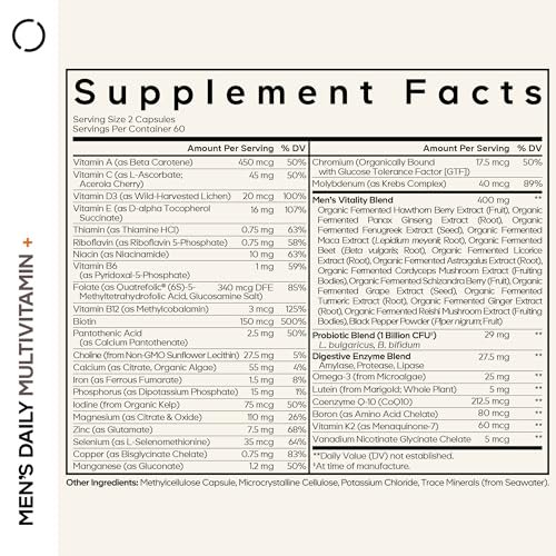 Información nutricional de multivitaminas para hombres Codeage.