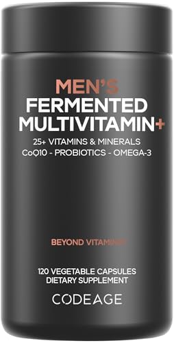 Botella de multivitaminas para hombres Codeage con 120 cápsulas.