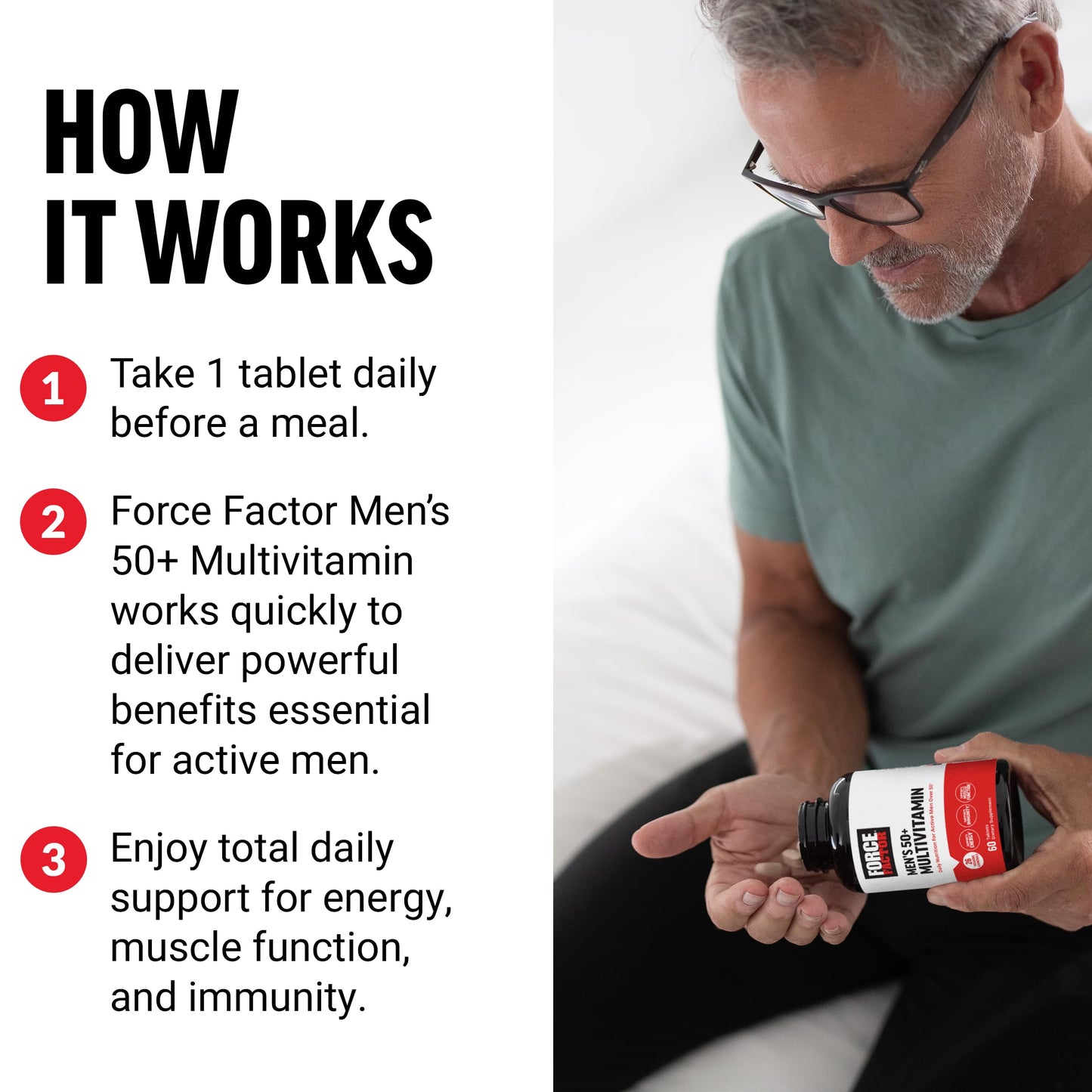 Cómo funciona el multivitamínico Force Factor para hombres 50+.