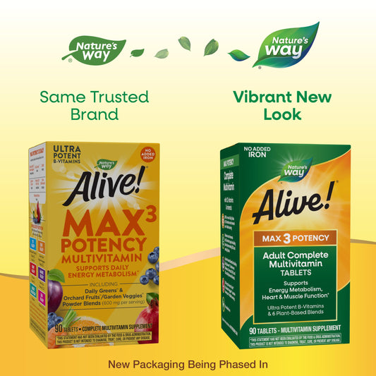 Comparación de empaques antiguos y nuevos de Nature's Way Alive! Max3.