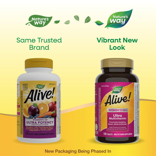 Comparación de envases de multivitaminas para mujeres de 50+ años.