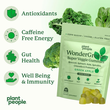 Comparación de nutrición en gomitas WonderGreens y vegetales.