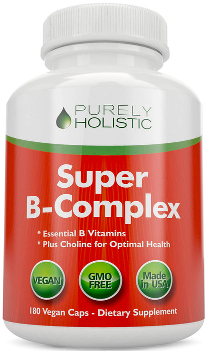 Botella de complejo vitamina B Purely Holistic 180 cápsulas veganas