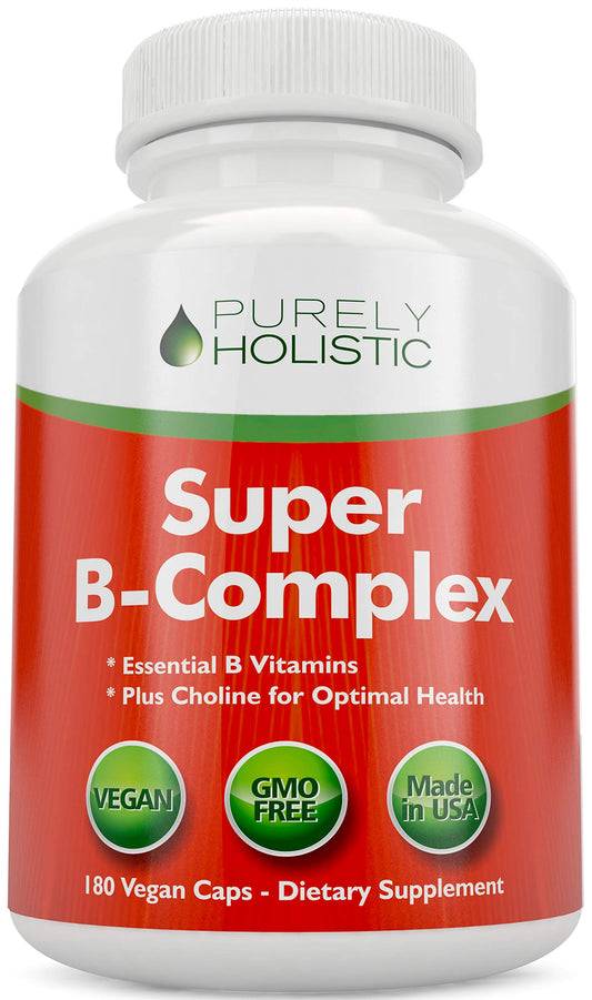 Botella de complejo vitamina B Purely Holistic 180 cápsulas veganas