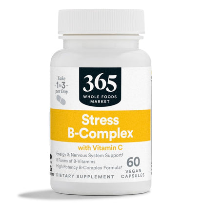 Frasco del complejo de vitaminas B 365 Whole Foods con vitamina C