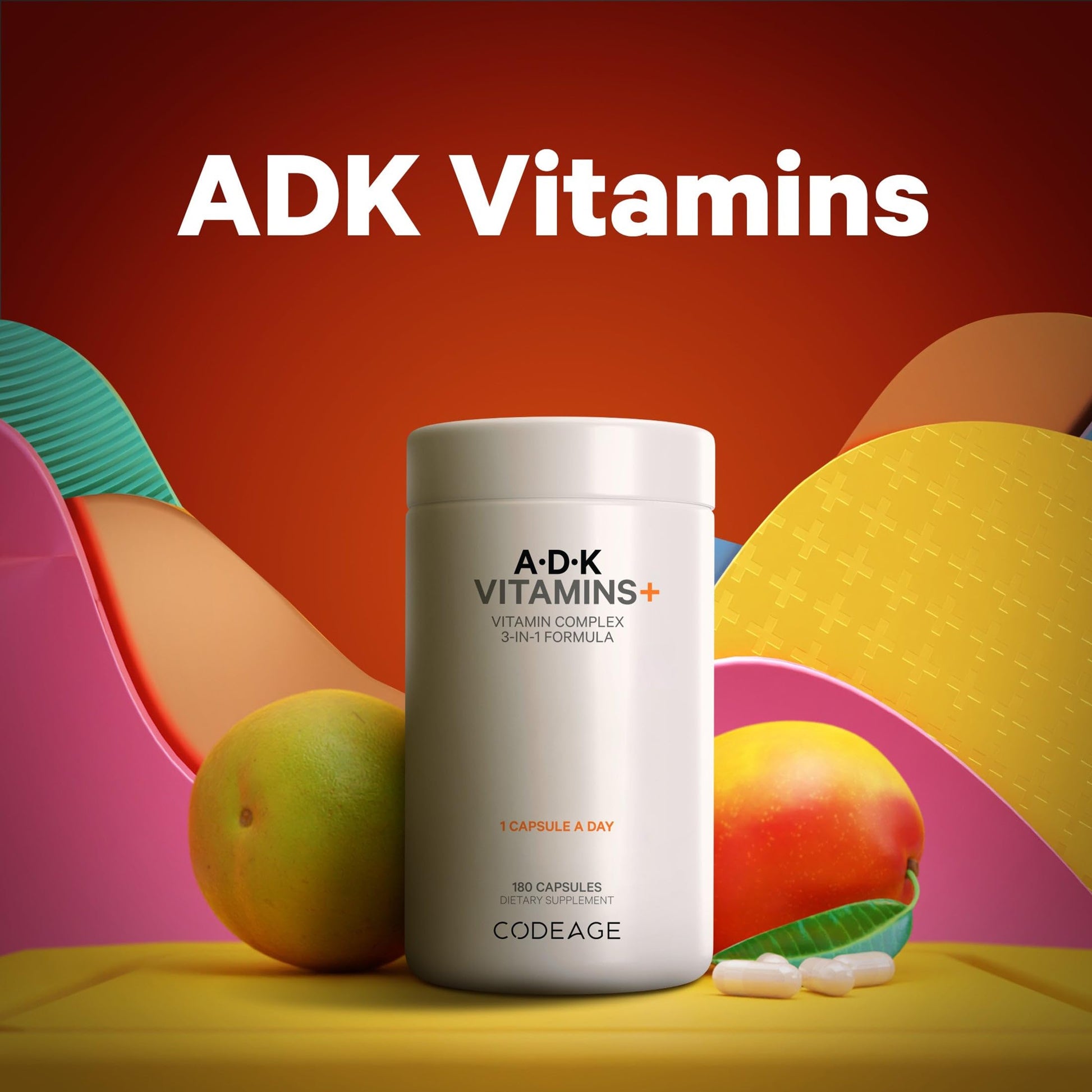 Complejo vitamínico ADK de Codeage en un entorno colorido.