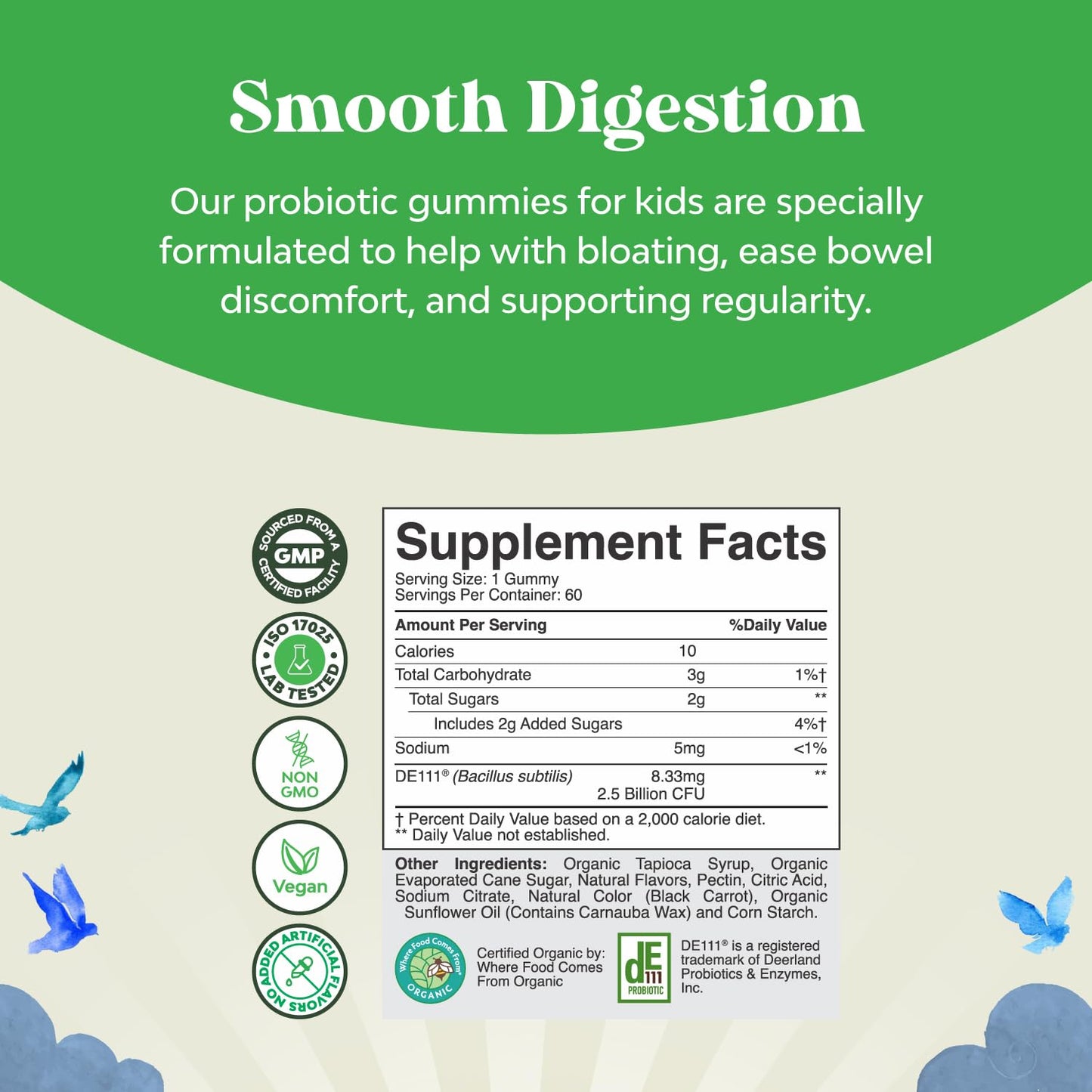 Complemento dietético para una digestión suave con gominolas probióticas.