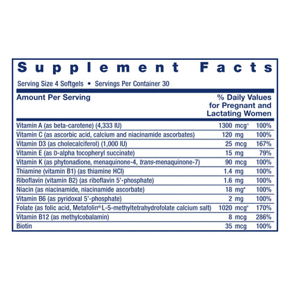 Componentes nutrientes Life Extension Prenatal Advantage