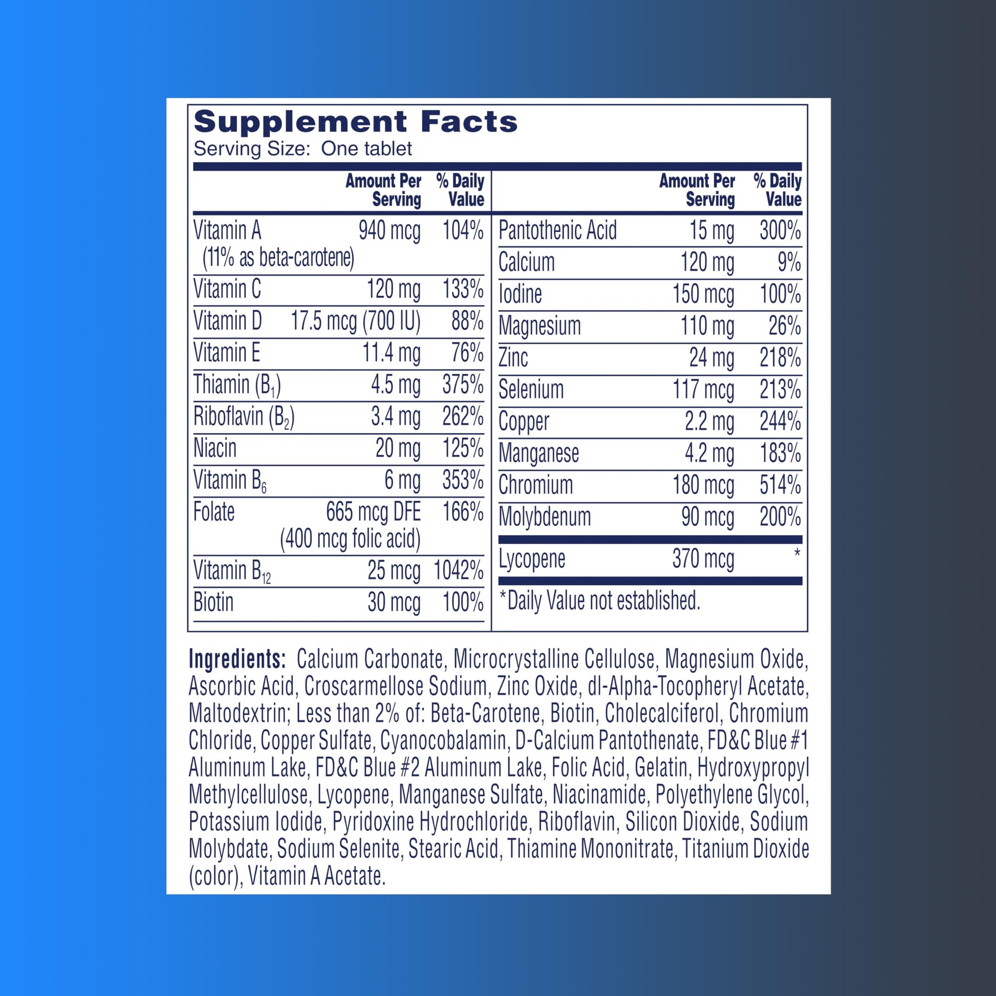 Composición de nutrientes clave en el multivitamínico para hombres 50+.
