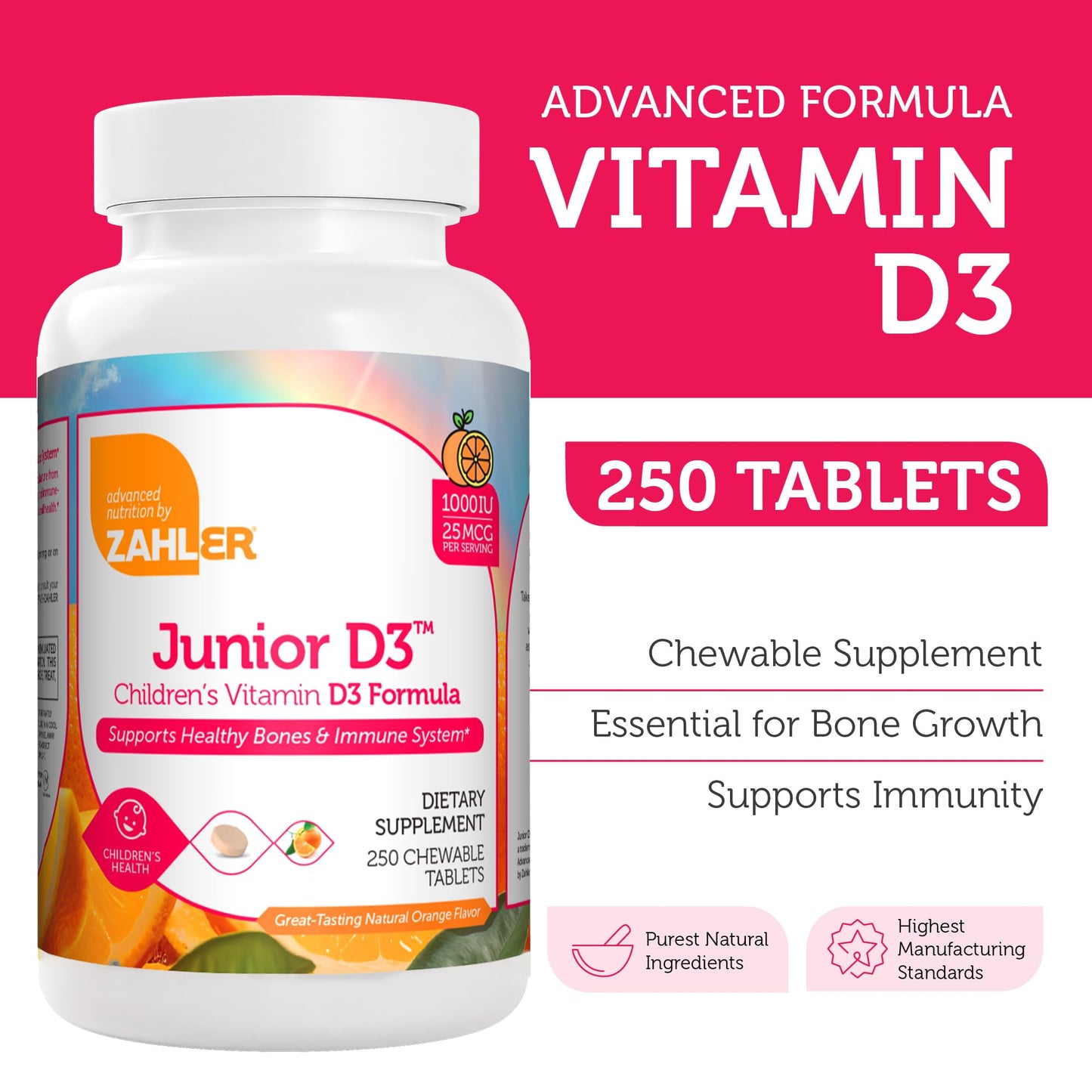 Comprimido masticable vitamina D3 Zahler Junior para niños