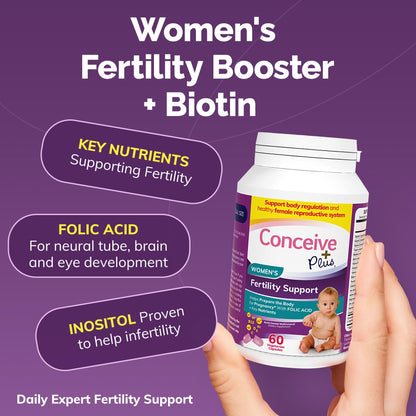 Etiqueta concepción Conceive Plus suplemento fertilidad y ovulación femenina