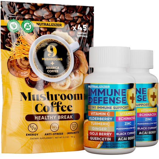 Conjunto apoyo inmunológico vitaminas 12 en 1 y café hongos NUTRALIZIZER paquete