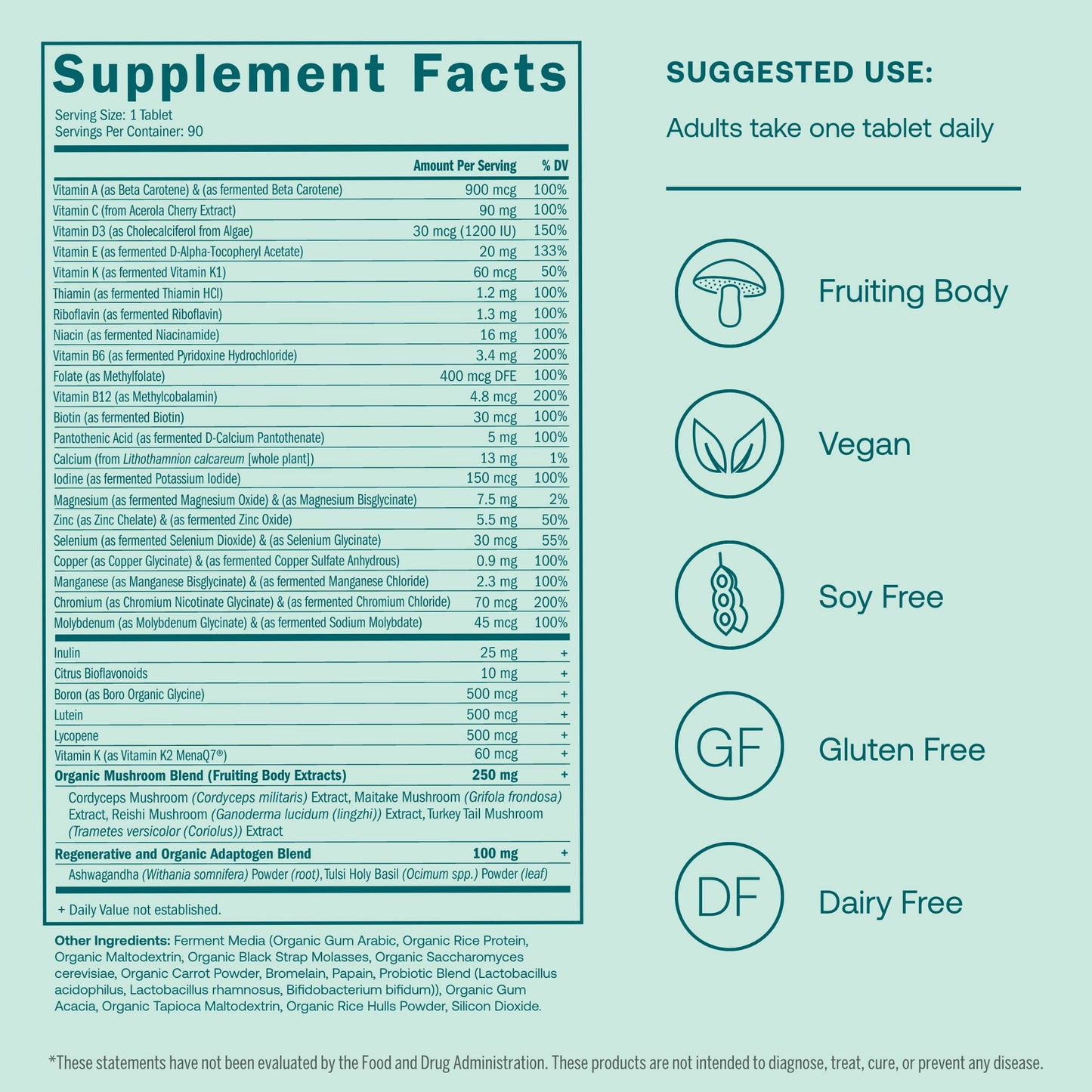 Tabla de contenido nutricional para multivitaminas True Grace