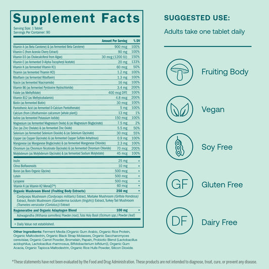 Tabla de contenido nutricional para multivitaminas True Grace