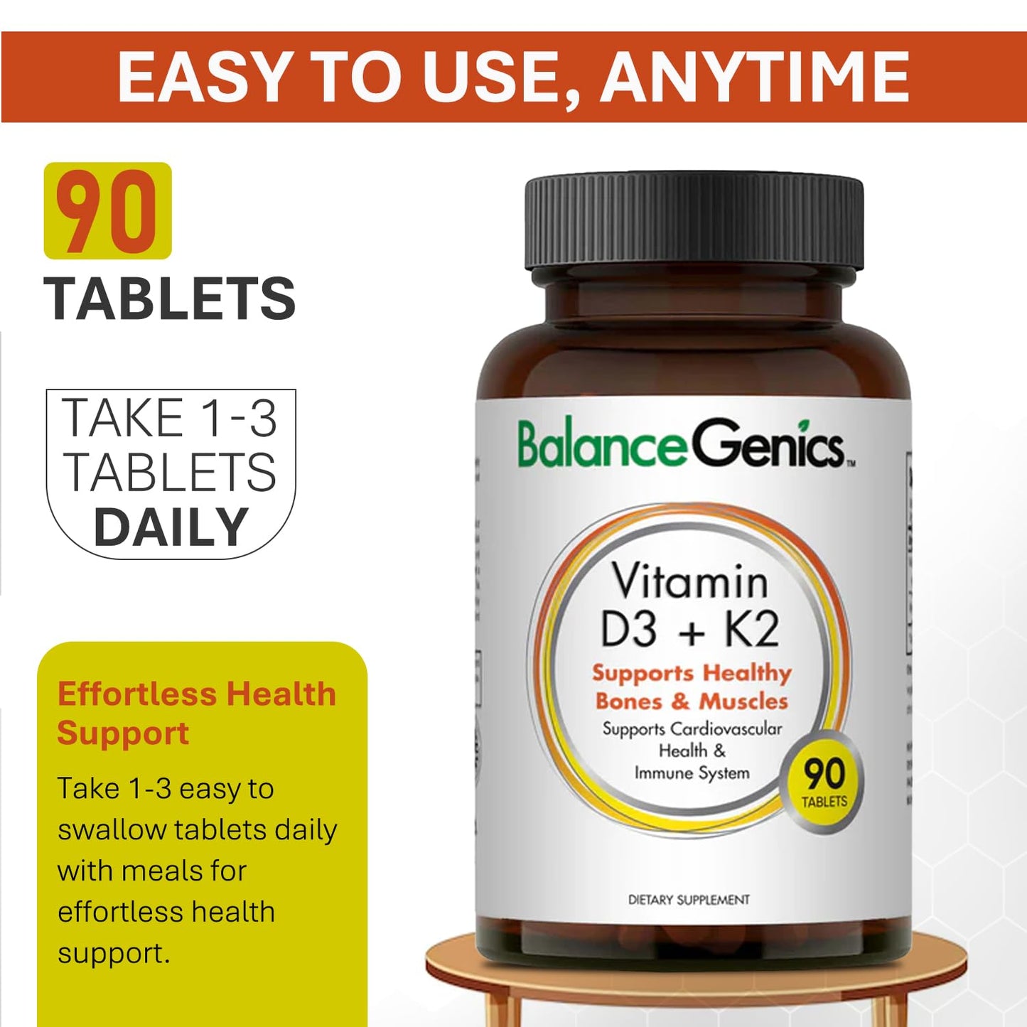 Contenido paquete BalanceGenics vitamina D3 K2 90 tabletas