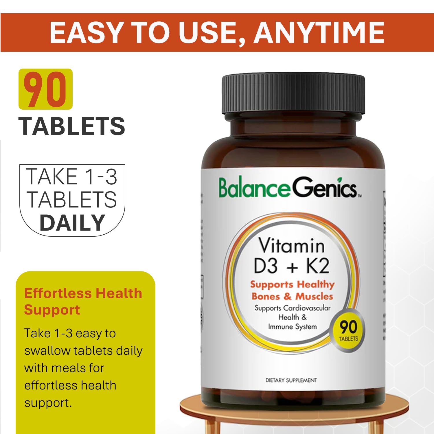 Contenido paquete BalanceGenics vitamina D3 K2 90 tabletas