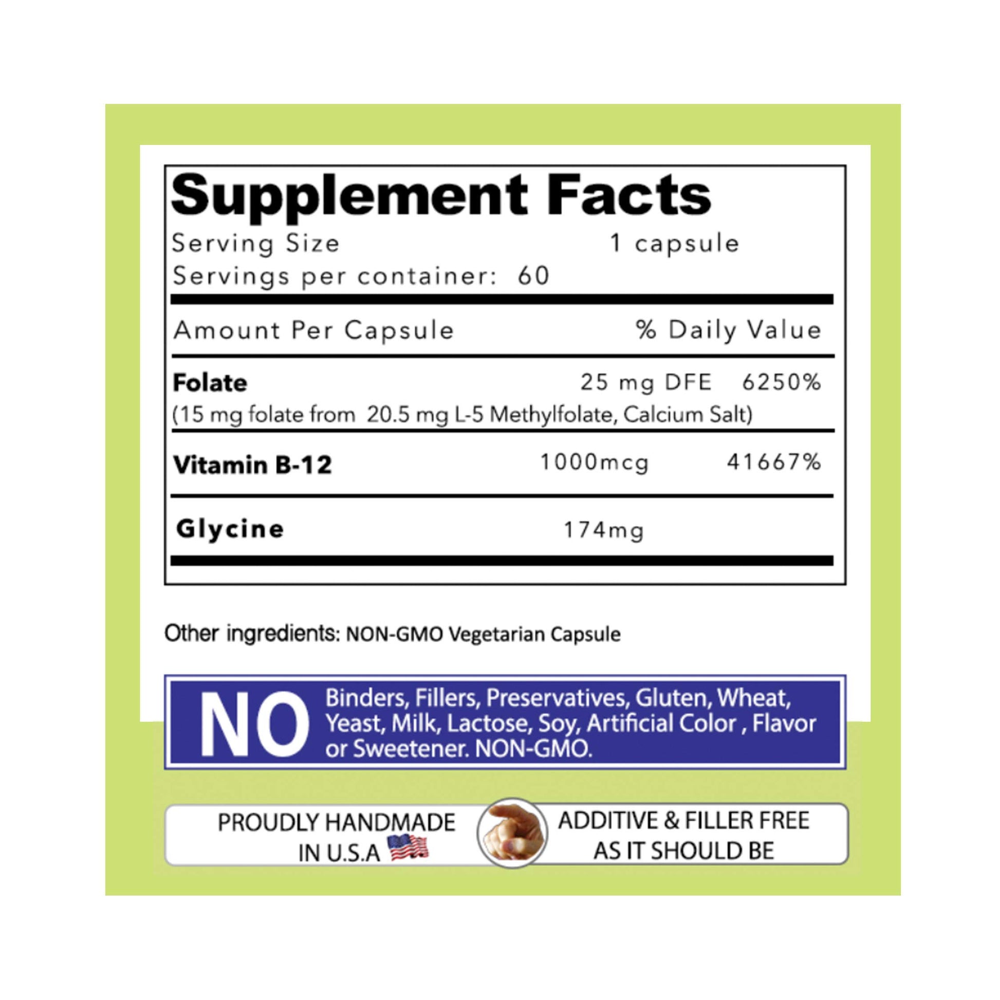 Contenido de suplemento L-Metilfolato con B12 y glicina
