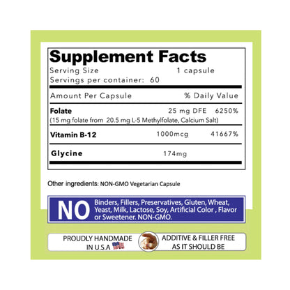 Contenido de suplemento L-Metilfolato con B12 y glicina