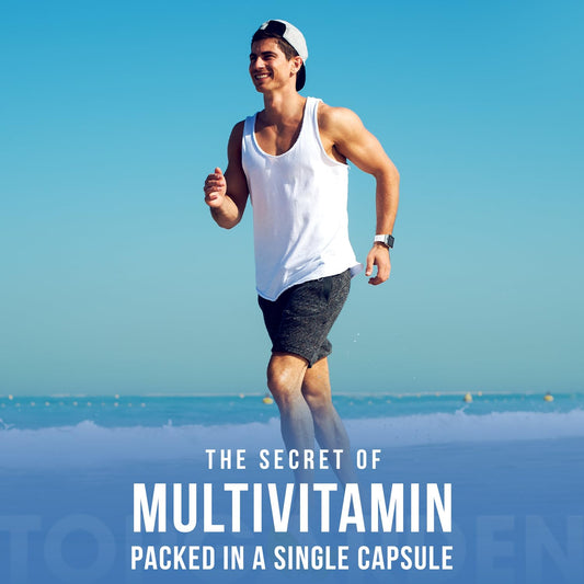 Persona corriendo en la playa con multivitamínico TOPGARDEN